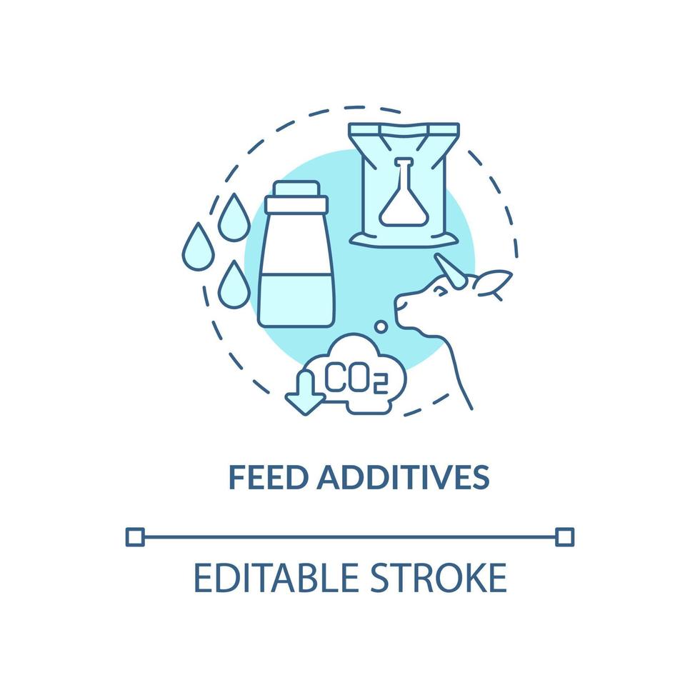 Feed additives turquoise concept icon. Livestock greenhouse gases reduction abstract idea thin line illustration. Isolated outline drawing. Editable stroke. Roboto-Medium, Myriad Pro-Bold fonts used vector