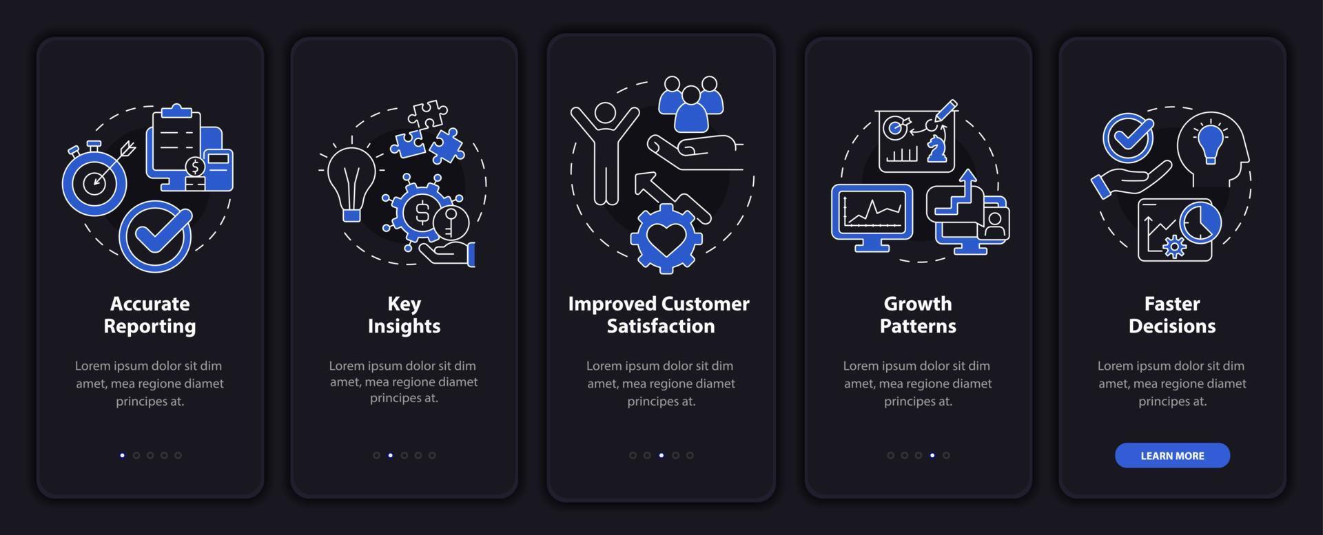 Business tools advantages night mode onboarding mobile app screen. Walkthrough 5 steps graphic instructions pages with linear concepts. UI, UX, GUI template. Myriad Pro-Bold, Regular fonts used vector