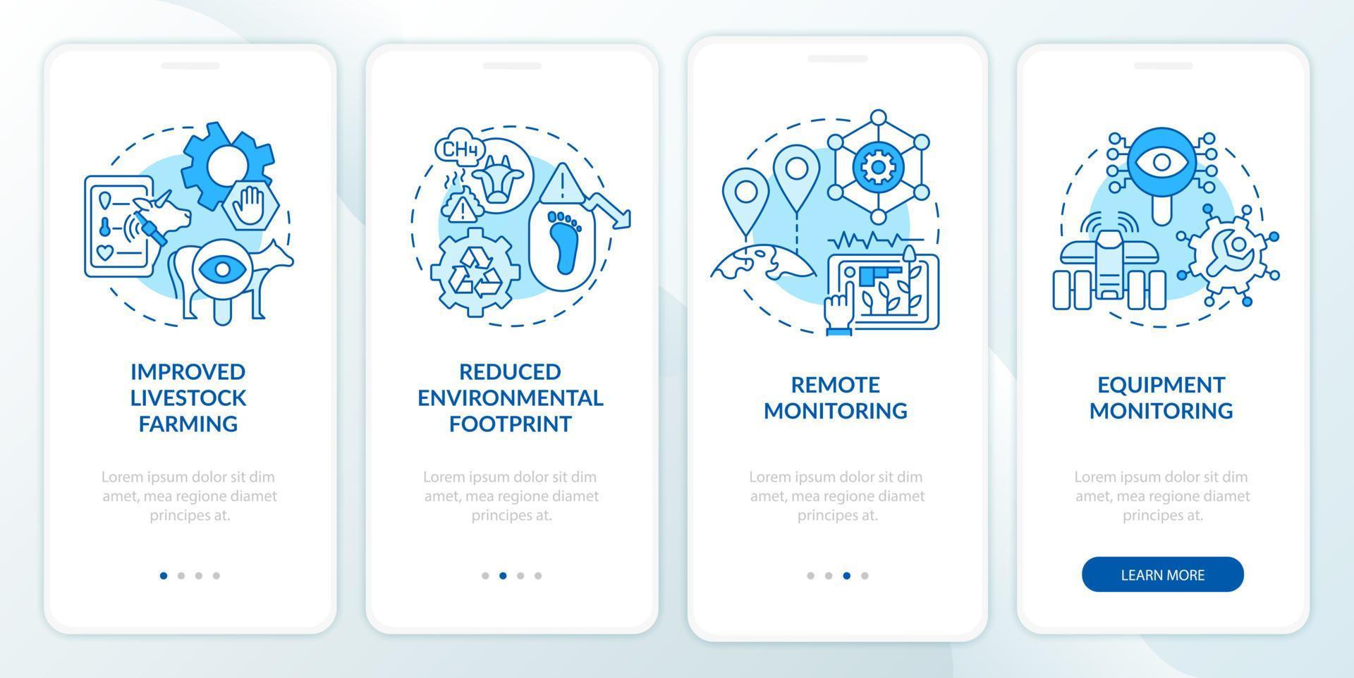 Digital agriculture pros blue onboarding mobile app screen. Monitoring walkthrough 4 steps graphic instructions pages with linear concepts. UI, UX, GUI template. Myriad Pro-Bold, Regular fonts used vector