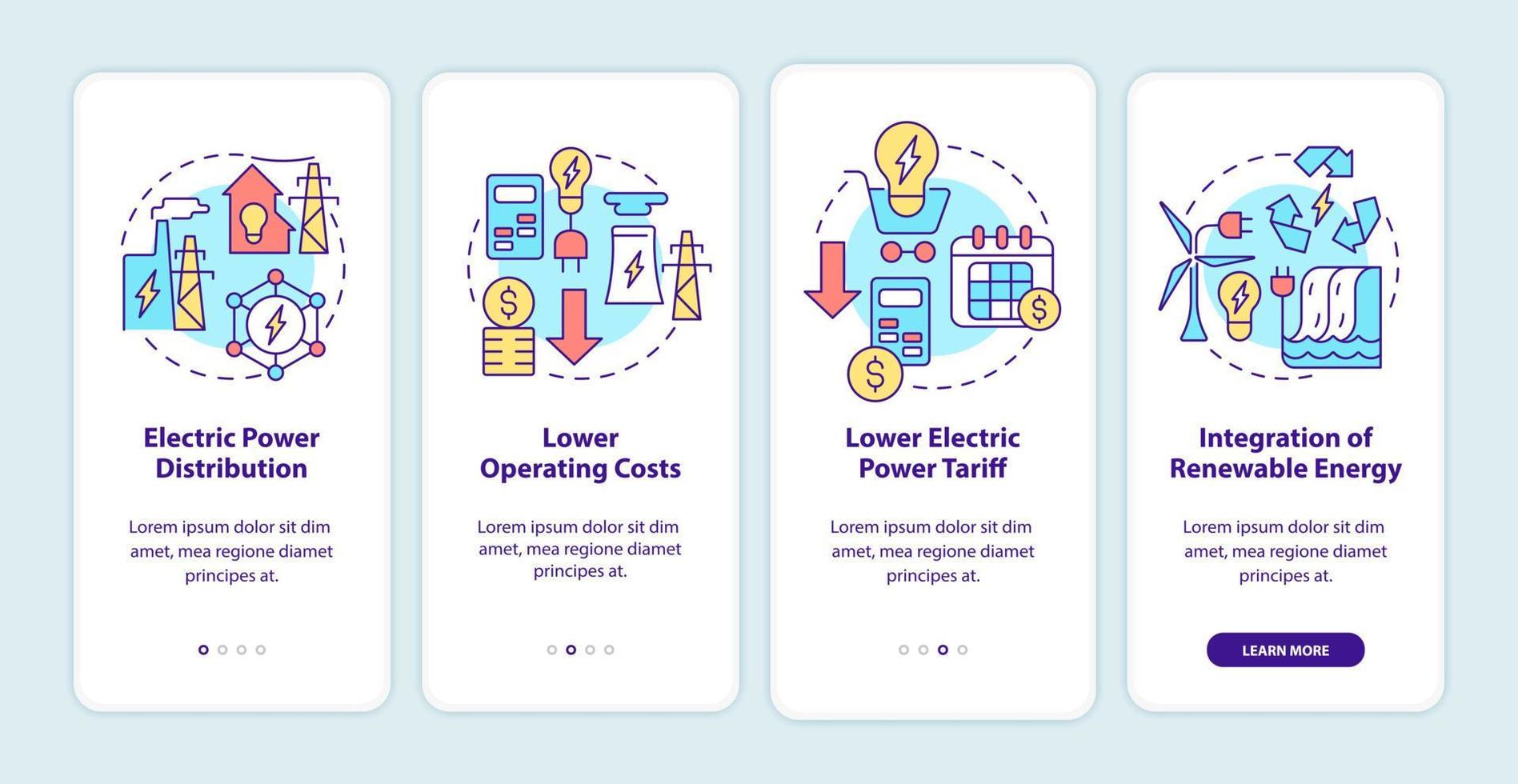 Smart grid characteristics onboarding mobile app screen. Technology walkthrough 4 steps graphic instructions pages with linear concepts. UI, UX, GUI template. Myriad Pro-Bold, Regular fonts used vector