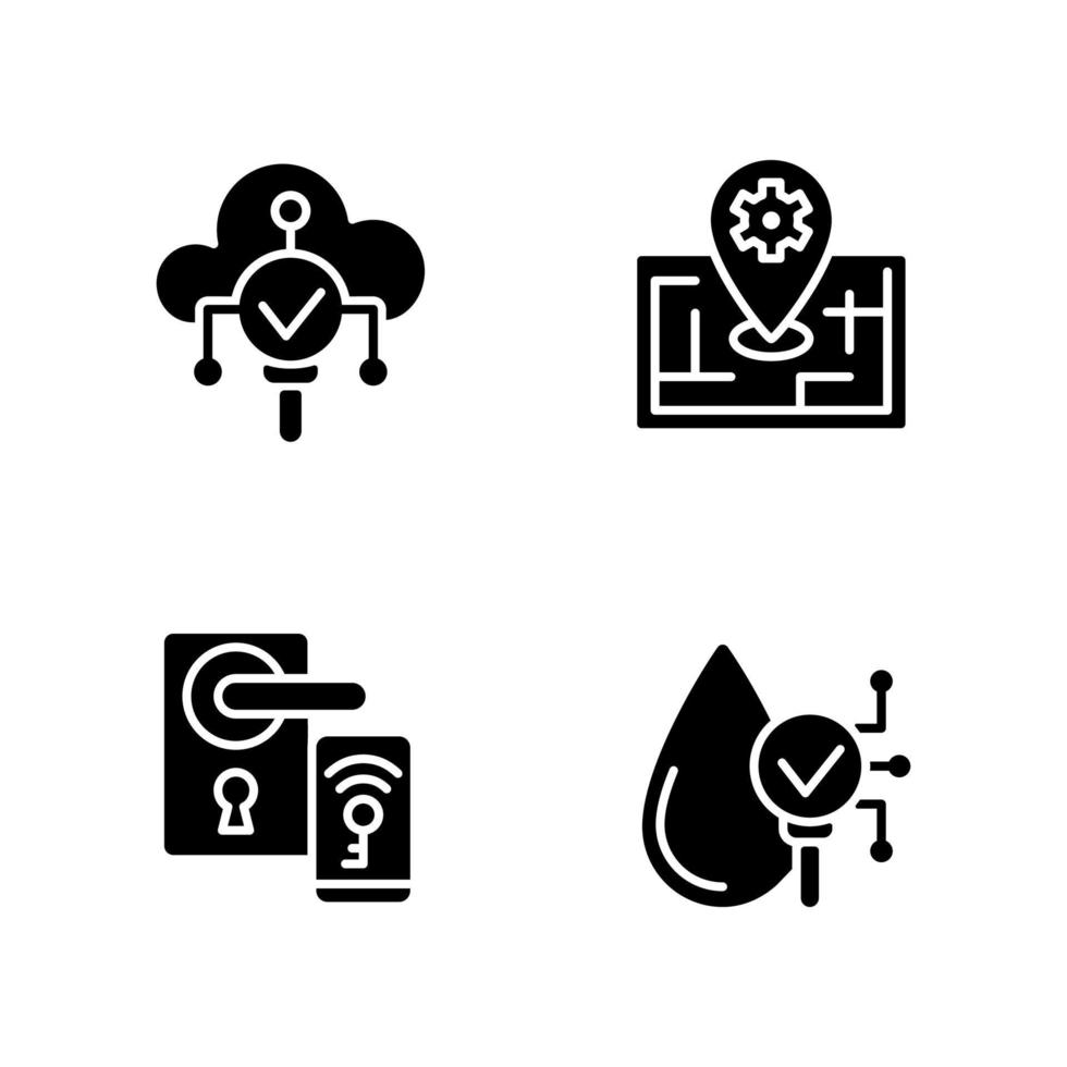 IoT technologies black glyph icons set on white space. Remote lock access. Water proof device. Internet of Things. Silhouette symbols. Solid pictogram pack. Vector isolated illustration