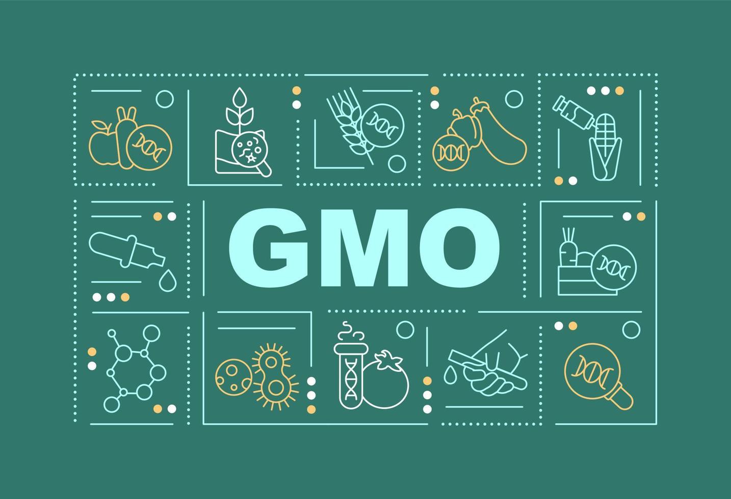 GMO word concepts dark green banner. Genetically modified organism. Infographics with icons on color background. Isolated typography. Vector illustration with text. Arial-Black font used