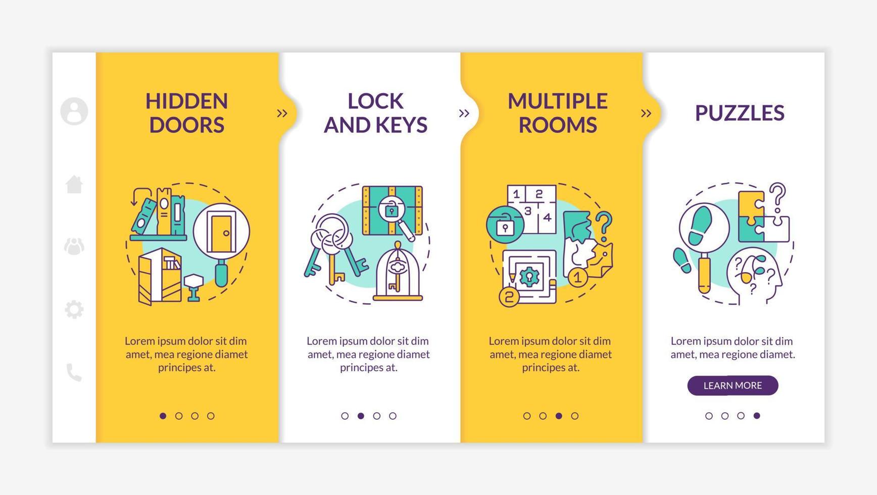 Escape room aspects yellow onboarding template. Ancient keys and puzzles. Responsive mobile website with linear concept icons. Web page walkthrough 4 step screens. Lato-Bold, Regular fonts used vector