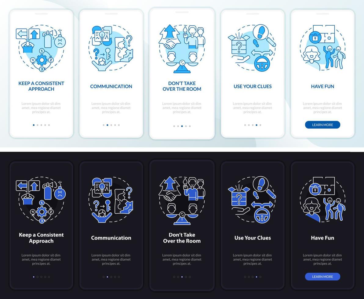 Escape room action plan night and day mode onboarding mobile app screen. Walkthrough 5 steps graphic instructions pages with linear concepts. UI, UX, GUI template. Myriad Pro-Bold, Regular fonts used vector