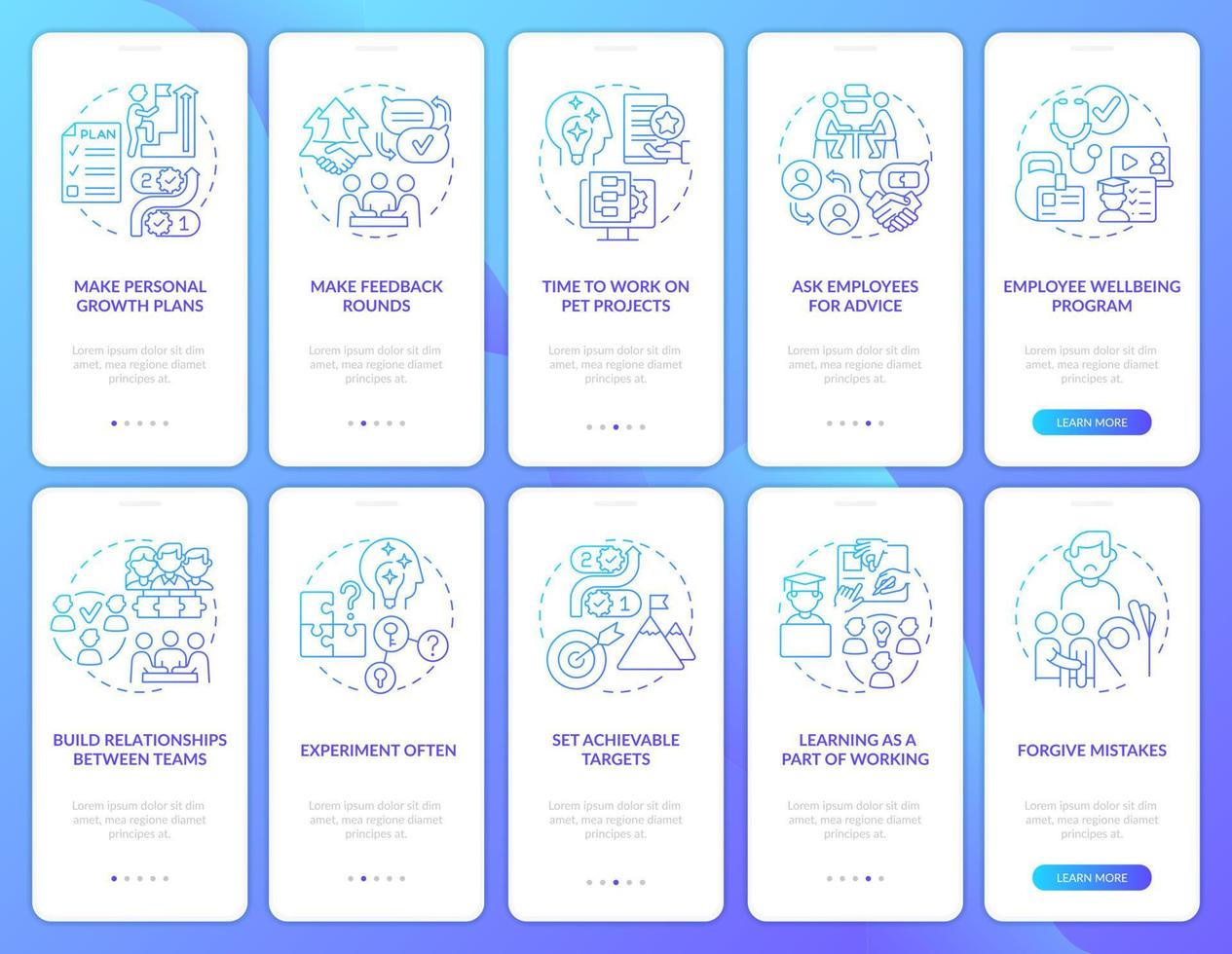 Employee motivation blue gradient onboarding mobile app screen set. Walkthrough 5 steps graphic instructions pages with linear concepts. UI, UX, GUI template. Myriad Pro-Bold, Regular fonts used vector