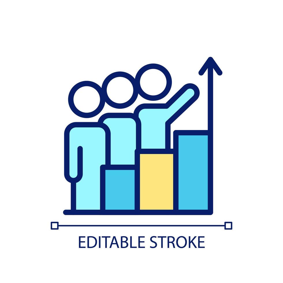 Progress monitoring pixel perfect RGB color icon. Investment in growth. Collaborative process. Isolated vector illustration. Simple filled line drawing. Editable stroke. Arial font used