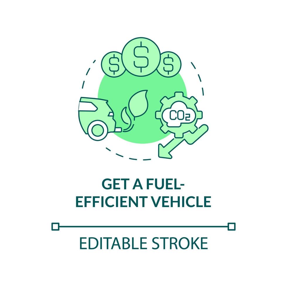 Get fuel efficient car green concept icon. Climate change prevention abstract idea thin line illustration. Isolated outline drawing. Editable stroke. Roboto-Medium, Myriad Pro-Bold fonts used vector