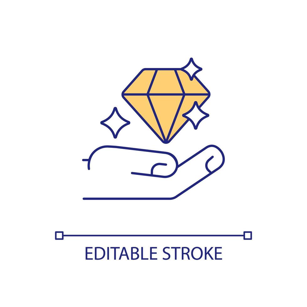 Diamond RGB color icon. Luxury gemstone. Shiny crystal. Precious and expensive gem. Engagement symbol. Isolated vector illustration. Simple filled line drawing. Editable stroke. Arial font used