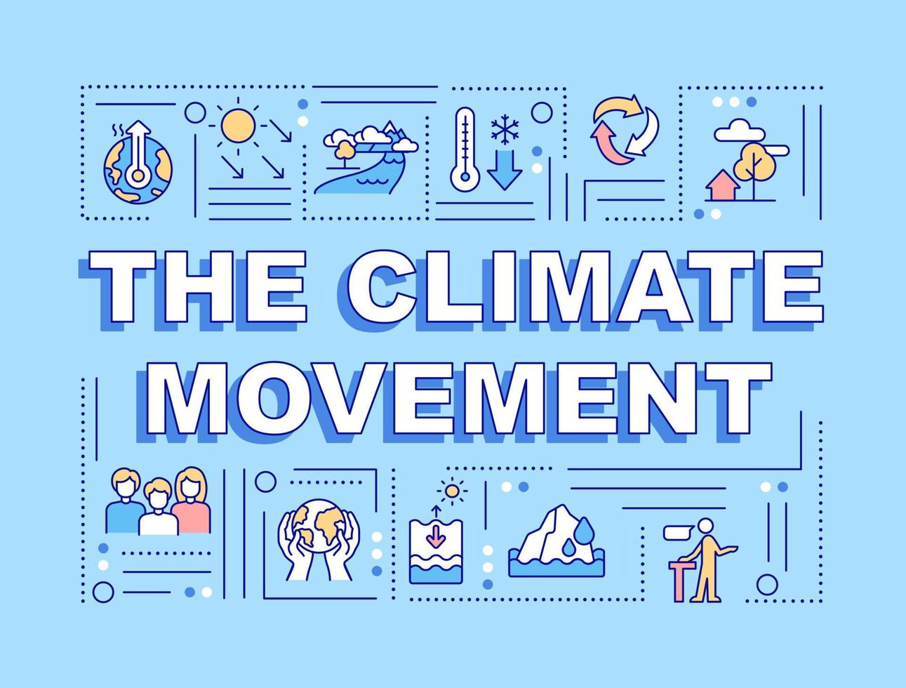 Climate movement word concepts blue banner. Social organization. Infographics with linear icons on background. Isolated typography. Vector color illustration with text. Arial-Black font used