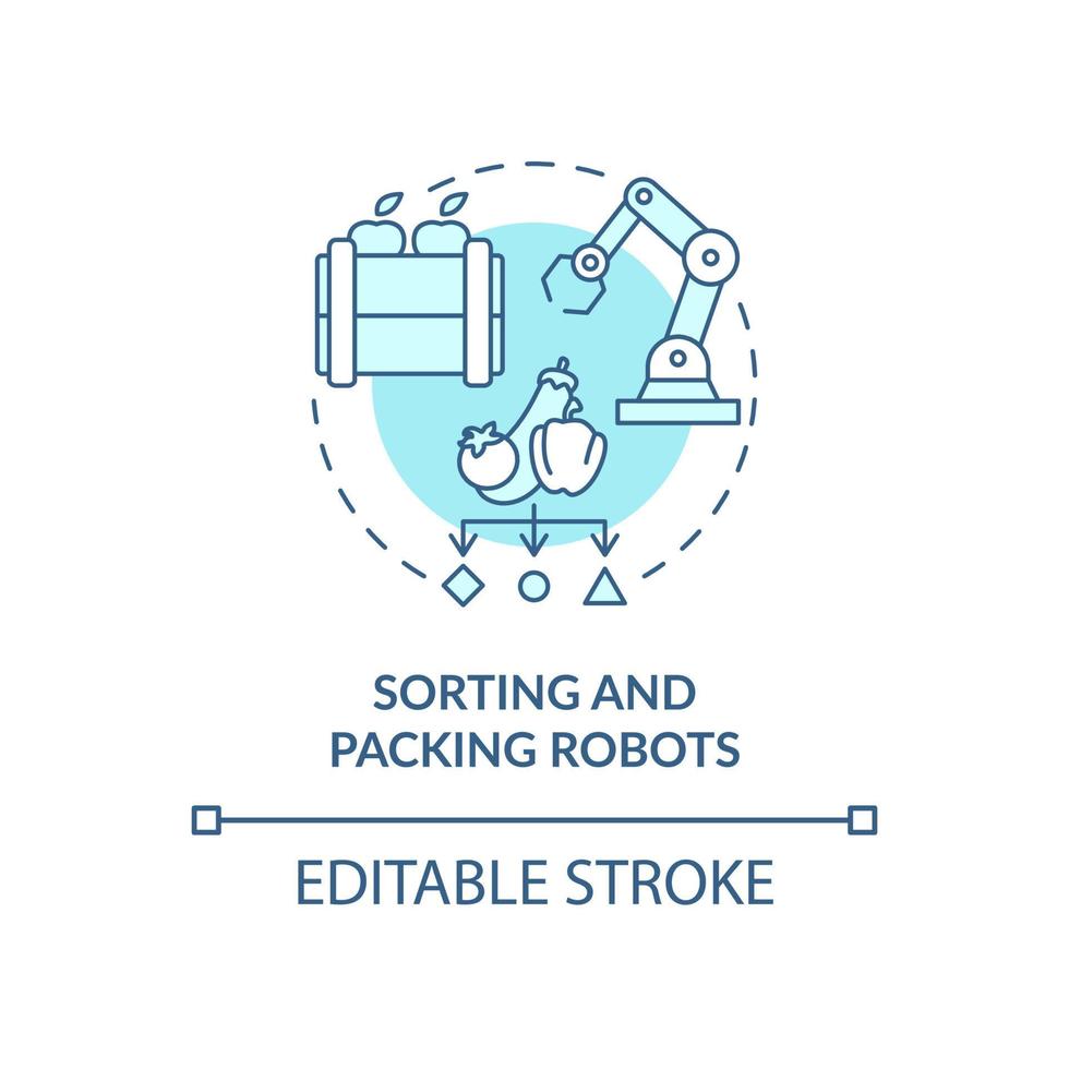 Sorting and packing robots turquoise concept icon. Warehouse automation abstract idea thin line illustration. Isolated outline drawing. Editable stroke. Roboto-Medium, Myriad Pro-Bold fonts used vector