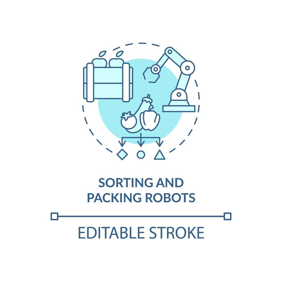 robots de clasificación y embalaje icono de concepto turquesa. ilustración de línea delgada de idea abstracta de automatización de almacén. dibujo de contorno aislado. trazo editable. roboto-medium, innumerables fuentes pro-bold utilizadas vector