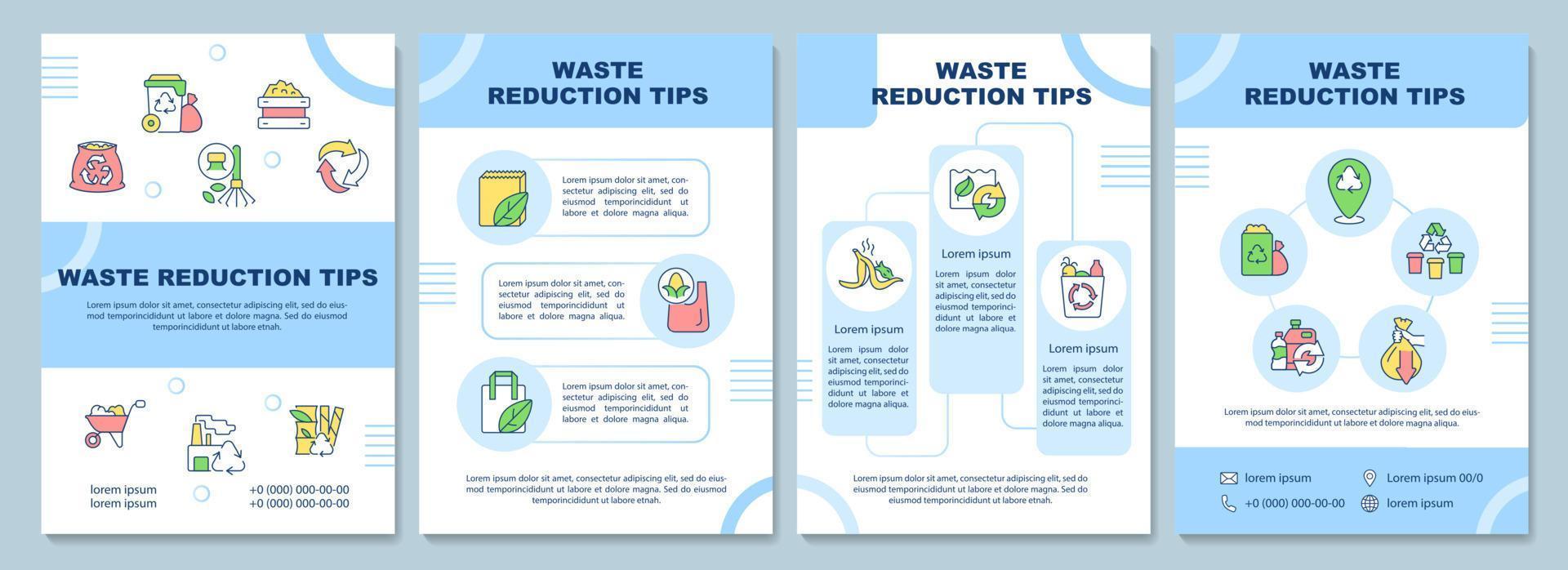 Waste reduction tips brochure template. Reuse and recycle. Booklet print design with linear icons. Vector layouts for presentation, annual reports, ads. Arial-Black, Myriad Pro-Regular fonts used