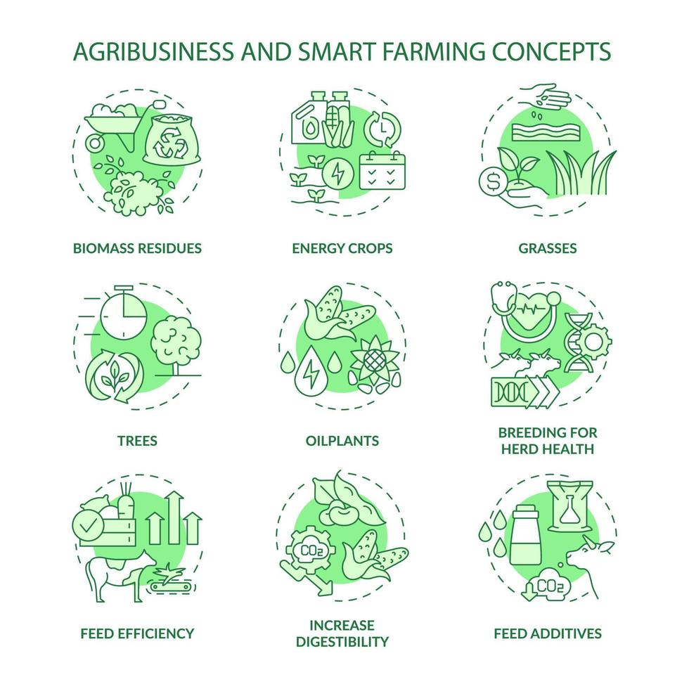 Agribusiness and smart farming green concept icons set. Glasses and oilplants idea thin line color illustrations. Isolated outline drawings. Editable stroke. Roboto-Medium, Myriad Pro-Bold fonts used vector