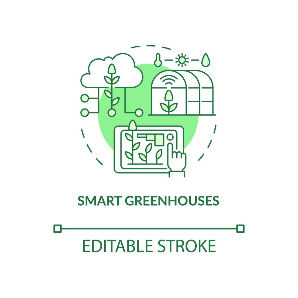 Smart greenhouses green concept icon. Monitoring plant health abstract idea thin line illustration. Isolated outline drawing. Editable stroke. Roboto-Medium, Myriad Pro-Bold fonts used vector