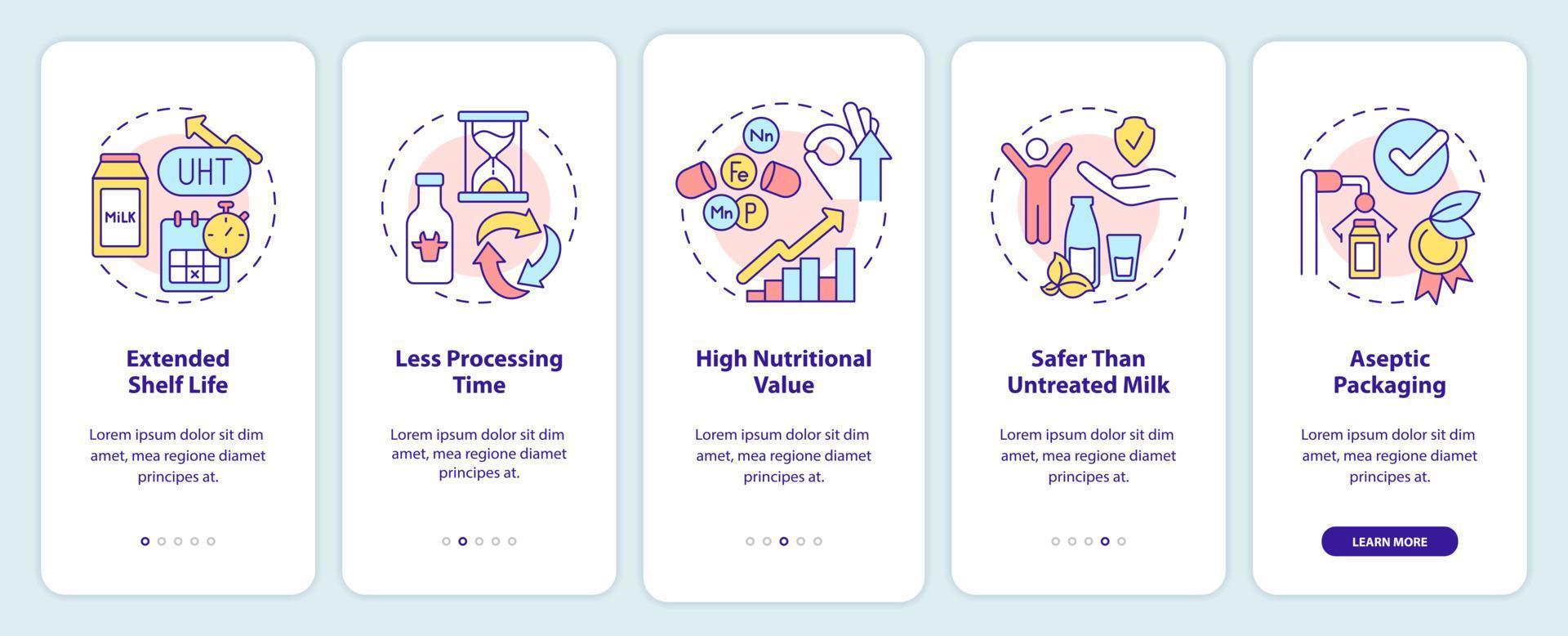 ventajas de la pantalla de la aplicación móvil de incorporación de leche uht. tutorial de pasteurización 5 pasos páginas de instrucciones gráficas con conceptos lineales. interfaz de usuario, ux, plantilla de interfaz gráfica de usuario. innumerables fuentes pro-negrita y regulares utilizadas vector