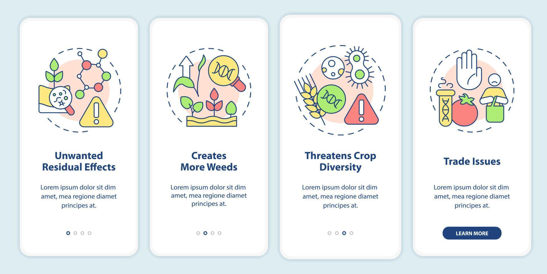 Disadvantages of gmo onboarding mobile app screen. Food issues walkthrough 4 steps graphic instructions pages with linear concepts. UI, UX, GUI template. Myriad Pro-Bold, Regular fonts used vector