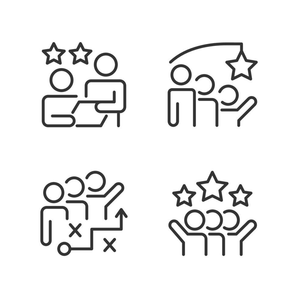 conjunto de iconos lineales perfectos de píxeles de logro de grupo. planificación estratégica. cooperación social exitosa. símbolos de línea fina personalizables. ilustraciones aisladas de contorno vectorial. trazo editable vector