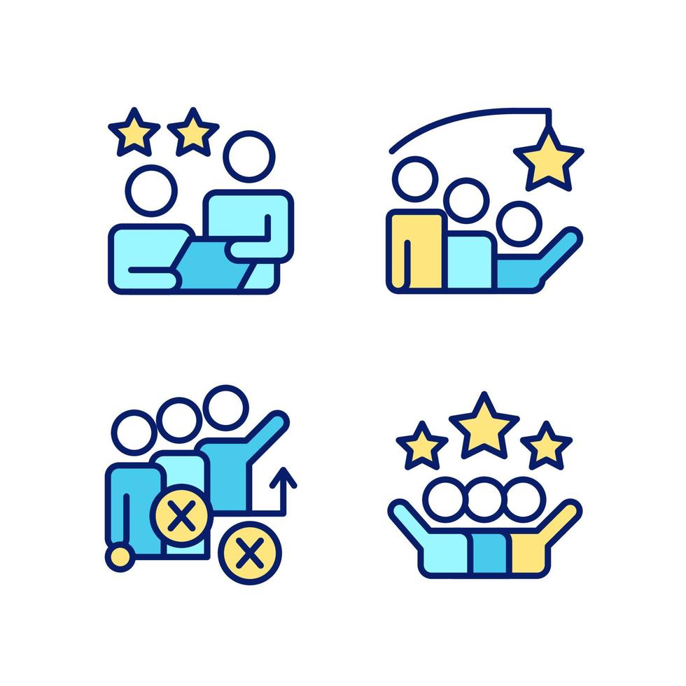 Group achievement pixel perfect RGB color icons set. Stategy planning. Successful cooperation. Isolated vector illustrations. Simple filled line drawings collection. Editable stroke