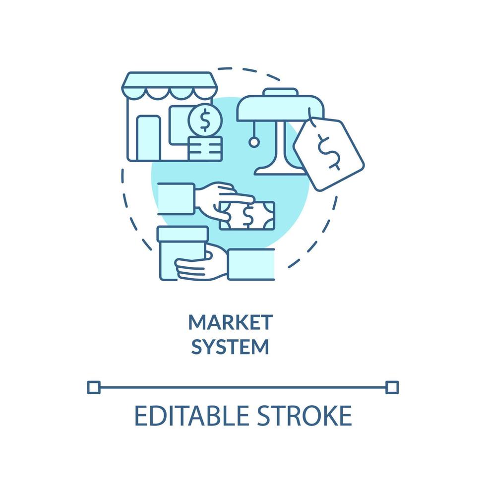 Market system turquoise concept icon. Free enterprise. Economic systems types abstract idea thin line illustration. Isolated outline drawing. Editable stroke. Arial, Myriad Pro-Bold fonts used vector