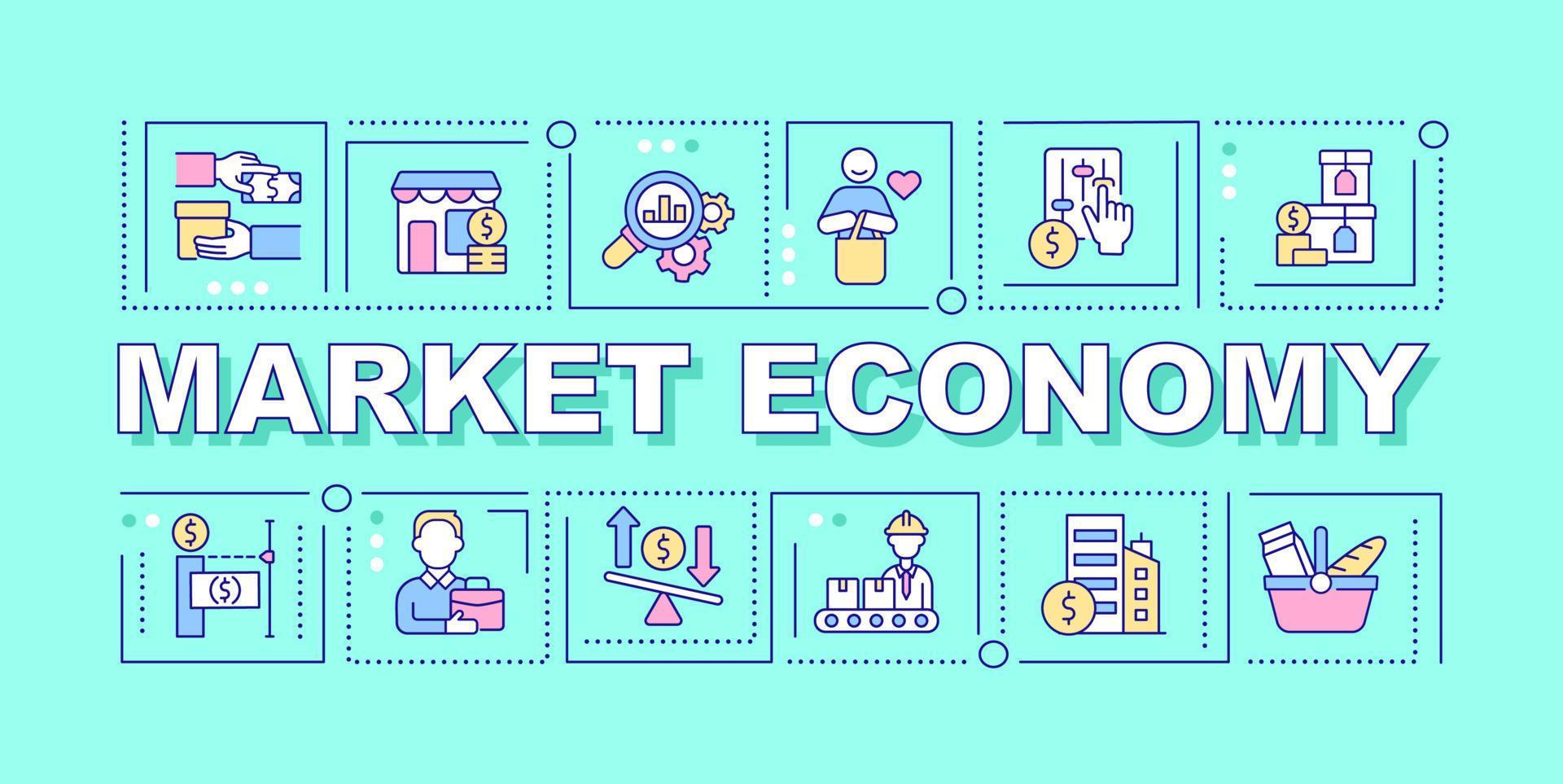 economía de mercado conceptos de palabras bandera azul. factores de oferta y demanda. infografías con iconos sobre fondo de color. tipografía aislada. ilustración vectorial con texto. fuente arial-black utilizada vector