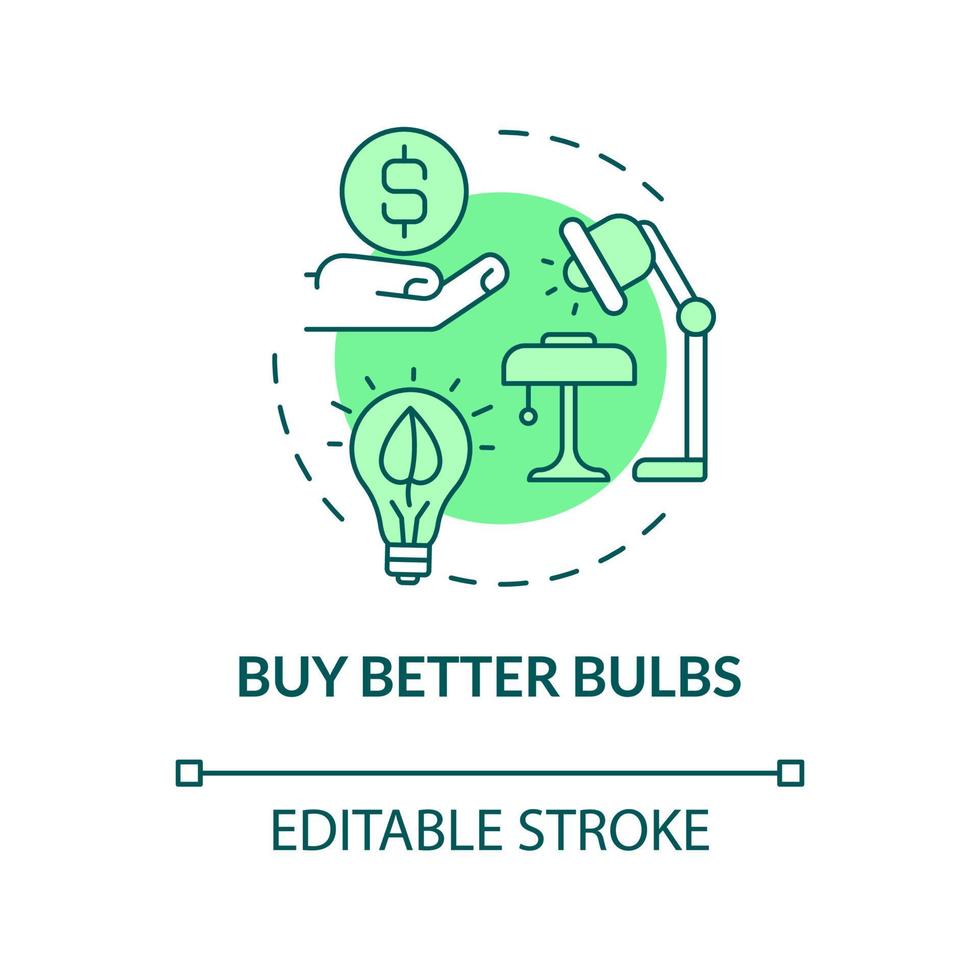 Buy better bulbs green concept icon. Climate change prevention abstract idea thin line illustration. Isolated outline drawing. Editable stroke. Roboto-Medium, Myriad Pro-Bold fonts used vector