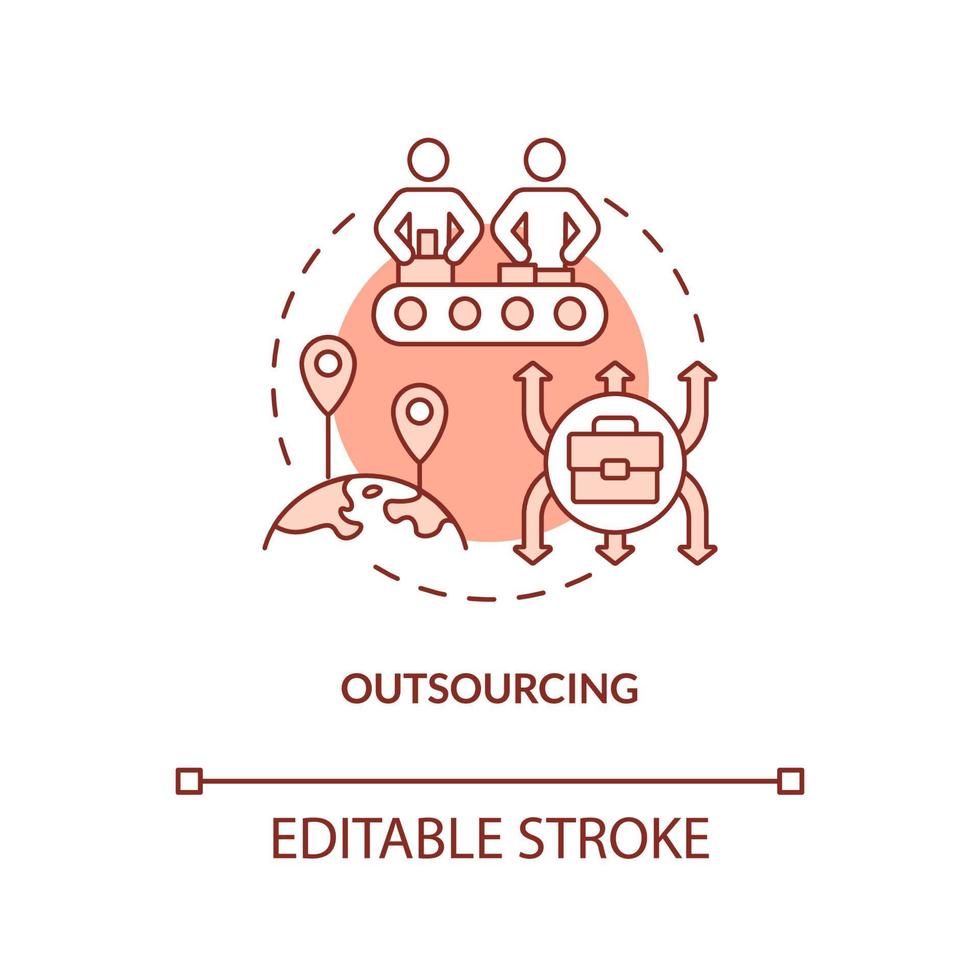 Outsourcing red concept icon. Cheap workforce. Reduce costs. Market economy cons abstract idea thin line illustration. Isolated outline drawing. Editable stroke. Arial, Myriad Pro-Bold fonts used vector