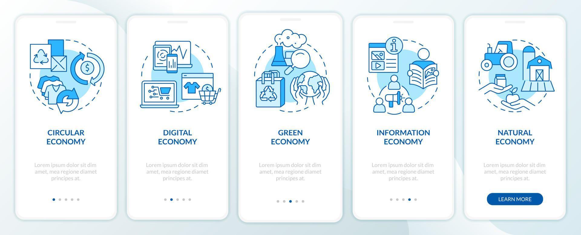 Economy models blue onboarding mobile app screen. Marketing strategy walkthrough 5 steps graphic instructions pages with linear concepts. UI, UX, GUI template. Myriad Pro-Bold, Regular fonts used vector