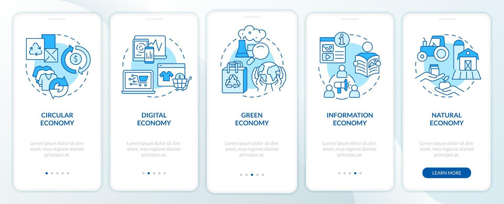 Economy models blue onboarding mobile app screen. Marketing strategy walkthrough 5 steps graphic instructions pages with linear concepts. UI, UX, GUI template. Myriad Pro-Bold, Regular fonts used vector