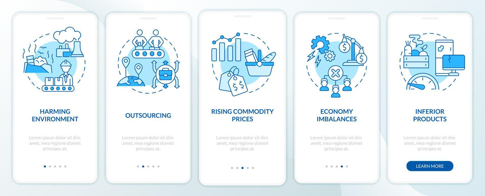 Market economy disadvantages blue onboarding mobile app screen. Walkthrough 5 steps graphic instructions pages with linear concepts. UI, UX, GUI template. Myriad Pro-Bold, Regular fonts used vector