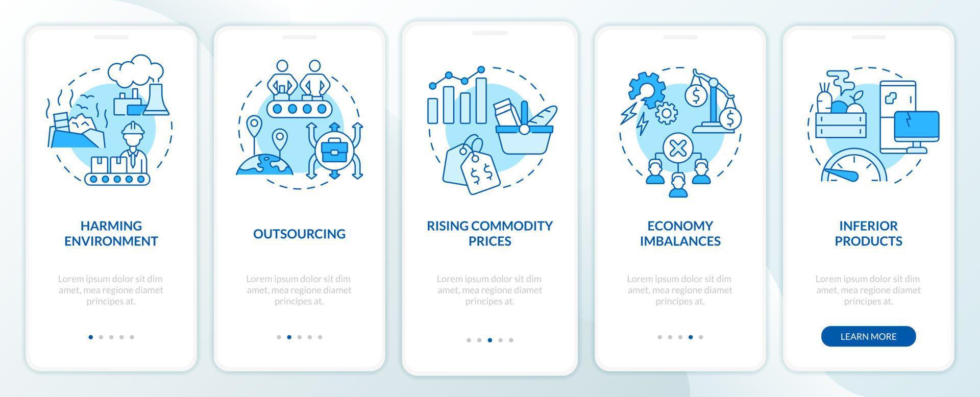 desventajas de la economía de mercado pantalla azul de la aplicación móvil de incorporación. tutorial 5 pasos páginas de instrucciones gráficas con conceptos lineales. interfaz de usuario, ux, plantilla de interfaz gráfica de usuario. innumerables fuentes pro-negrita y regulares utilizadas vector