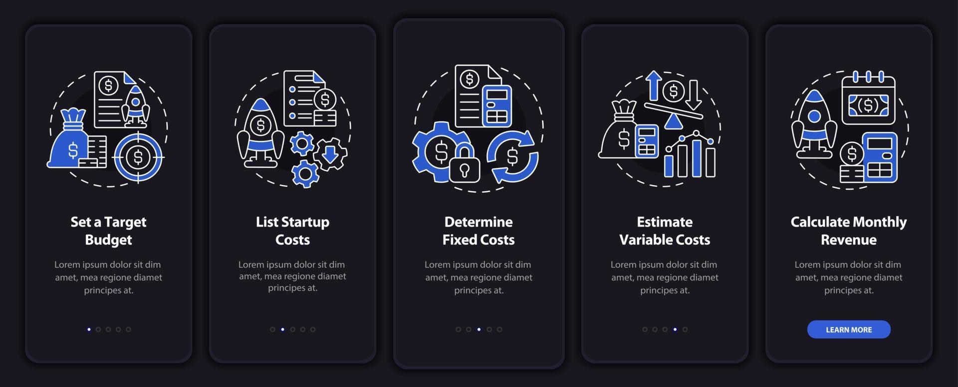 Startup budgeting night mode onboarding mobile app screen. Walkthrough 5 steps graphic instructions pages with linear concepts. UI, UX, GUI template. Myriad Pro-Bold, Regular fonts used vector