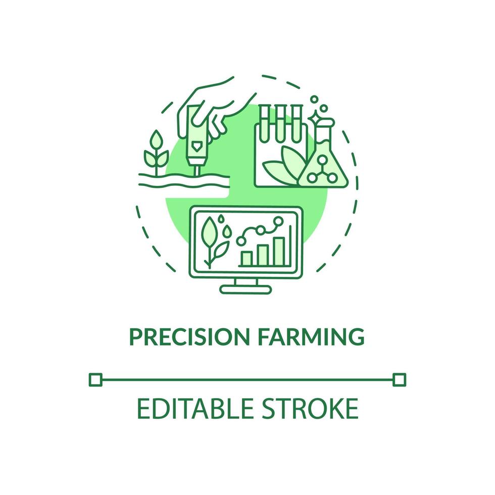 icono de concepto verde de agricultura de precisión. agricultura inteligente idea abstracta ilustración de línea delgada. pruebas de suelo dibujo de contorno aislado. trazo editable. roboto-medium, innumerables fuentes pro-bold utilizadas vector