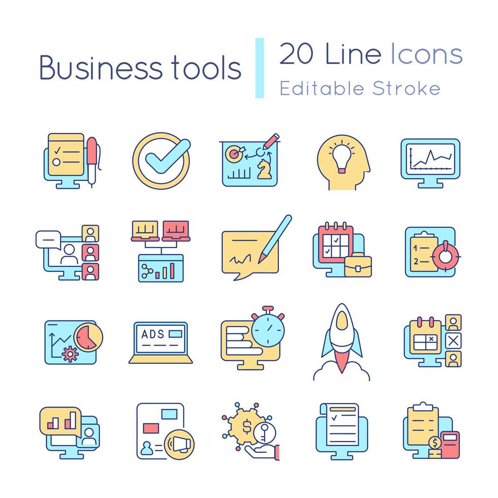 Business tools RGB color icons set. Corporate management. Strategic decision making. Isolated vector illustrations. Simple filled line drawings collection. Editable stroke. Quicksand-Light font used