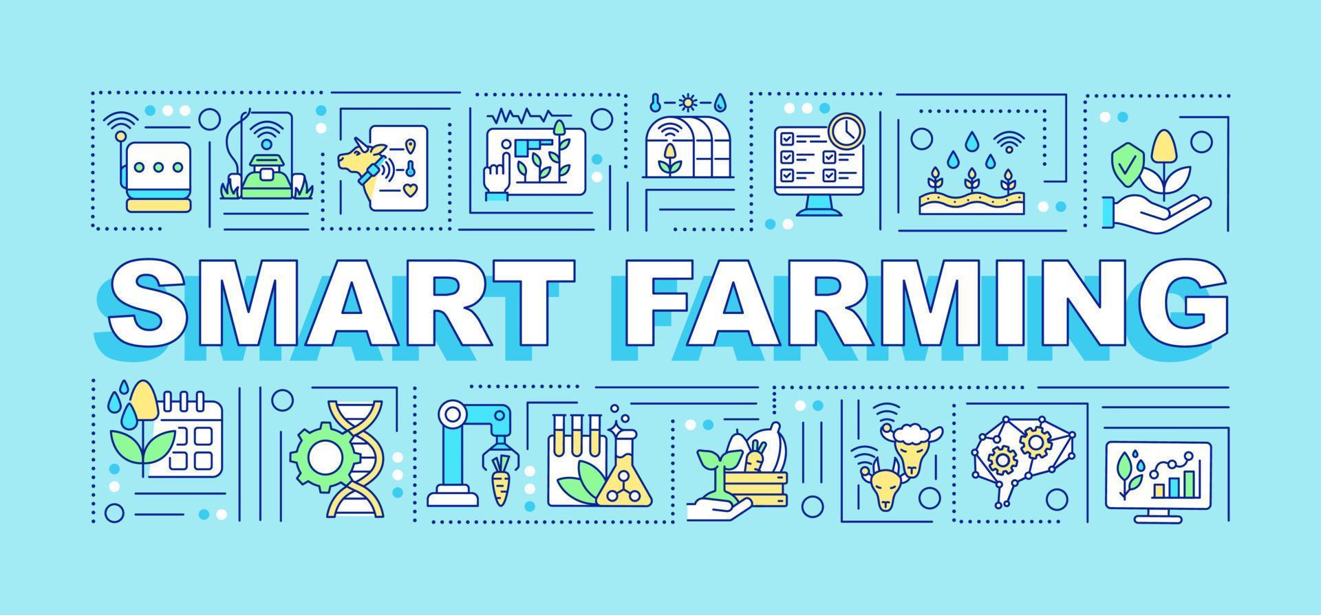 Smart farming word concepts turquoise banner. IoT devices usage. Infographics with linear icons on background. Isolated typography. Vector color illustration with text. Arial-Black font used