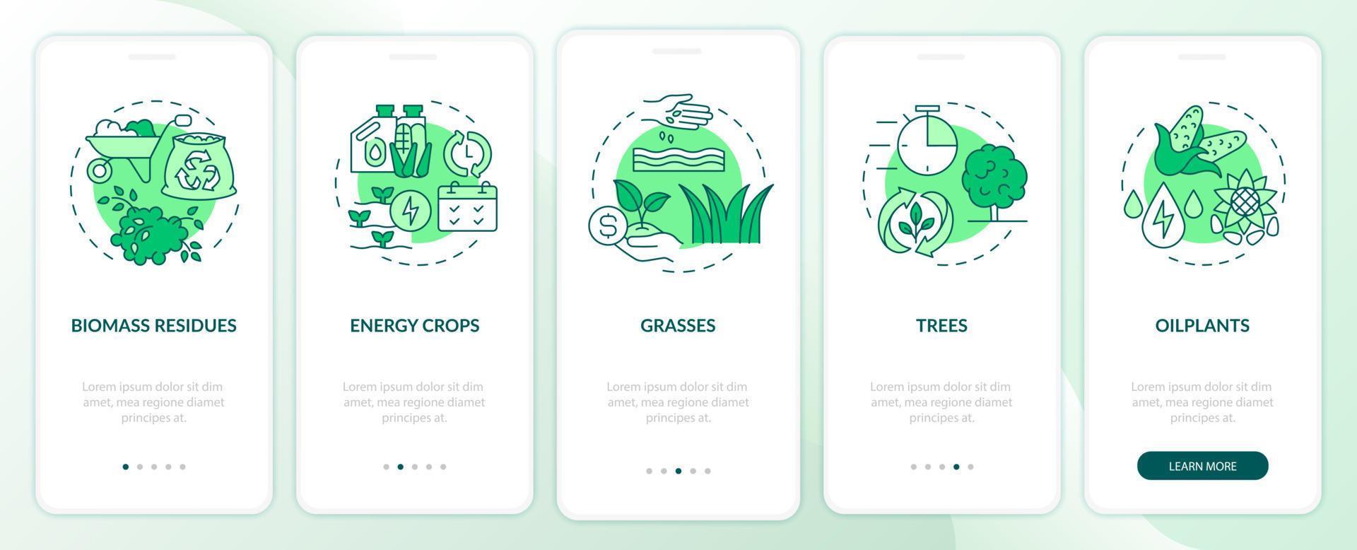 Biomass energy production green onboarding mobile app screen. Residues walkthrough 5 steps graphic instructions pages with linear concepts. UI, UX, GUI template. Myriad Pro-Bold, Regular fonts used vector