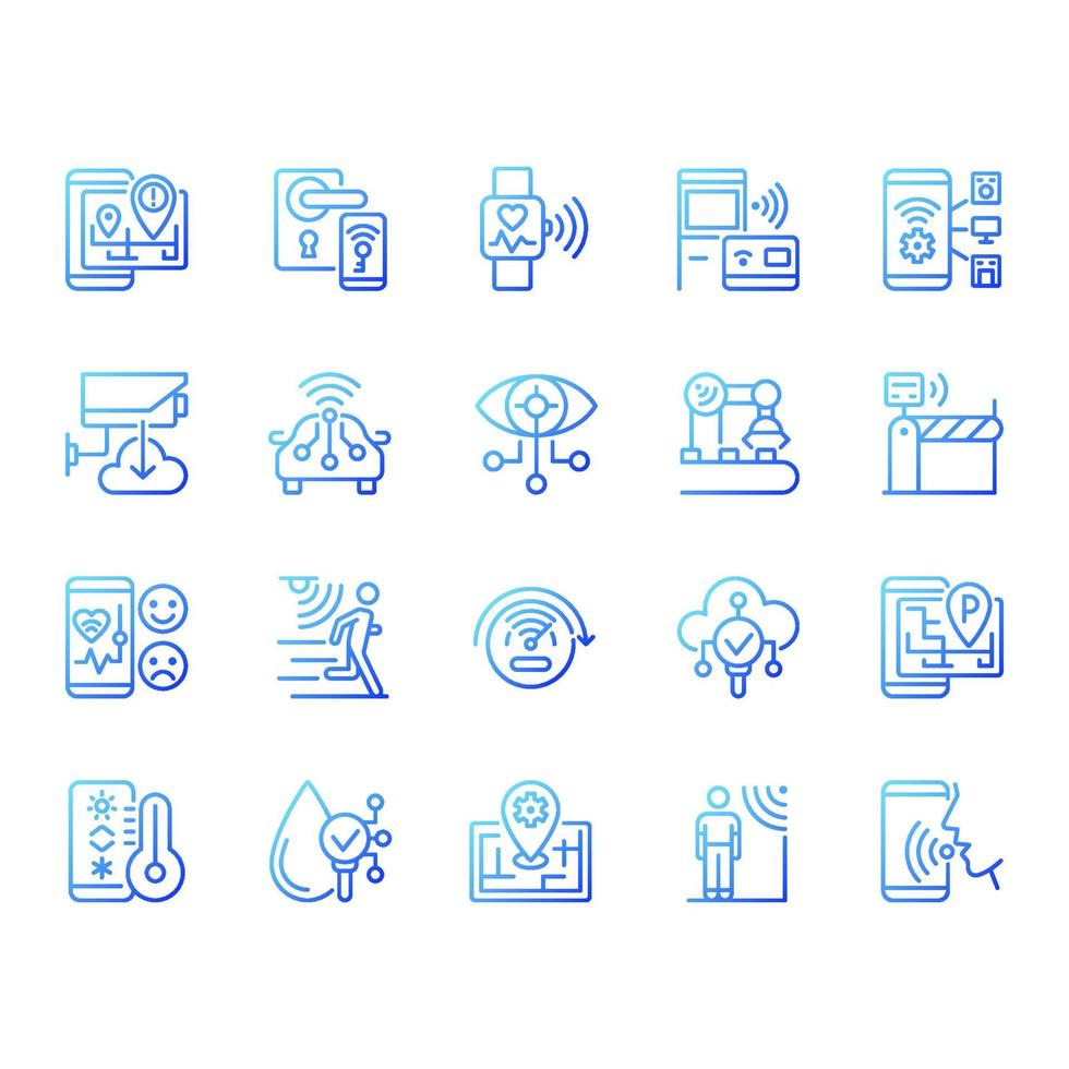 IoT gradient linear vector icons set. Wifi regulation. Internet of Things. Thin line contour symbol designs bundle. Isolated outline illustrations collection. Quicksand-Light font used