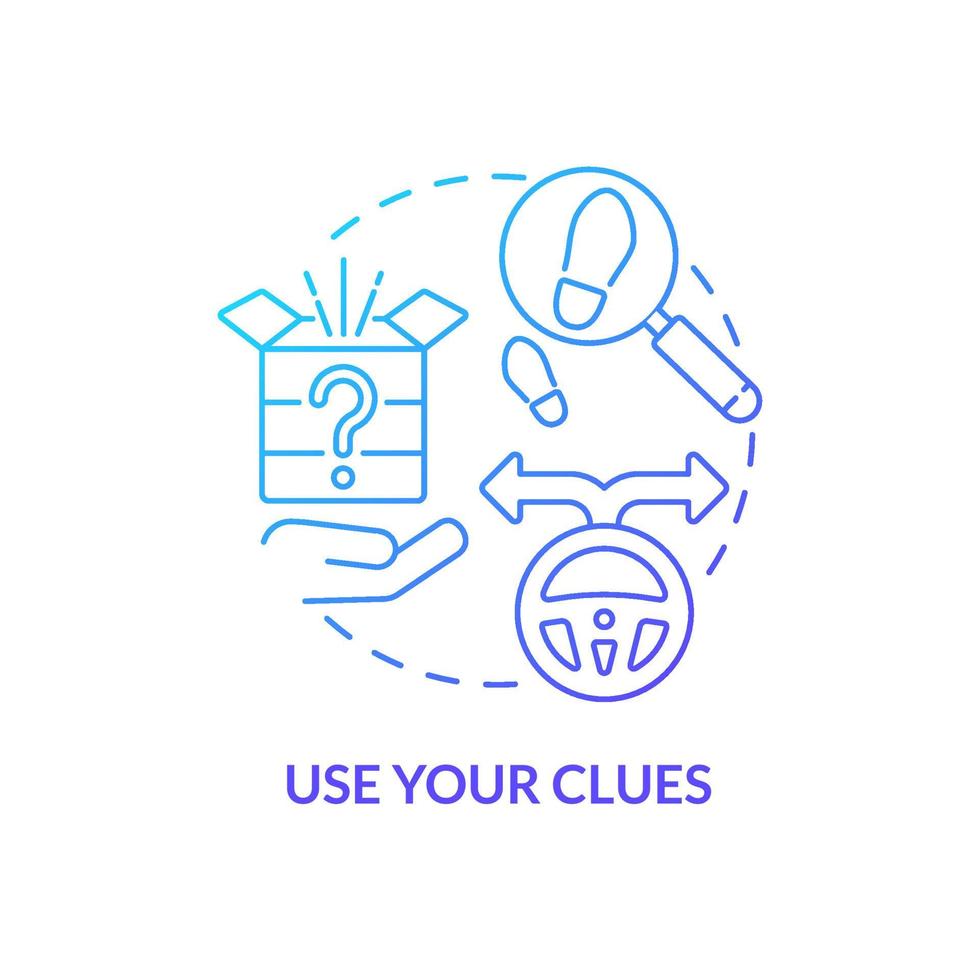 Use clues blue gradient concept icon. Escape room winning approach abstract idea thin line illustration. Ask for hints. Decoding secret codes. Isolated outline drawing. Myriad Pro-Bold font used vector
