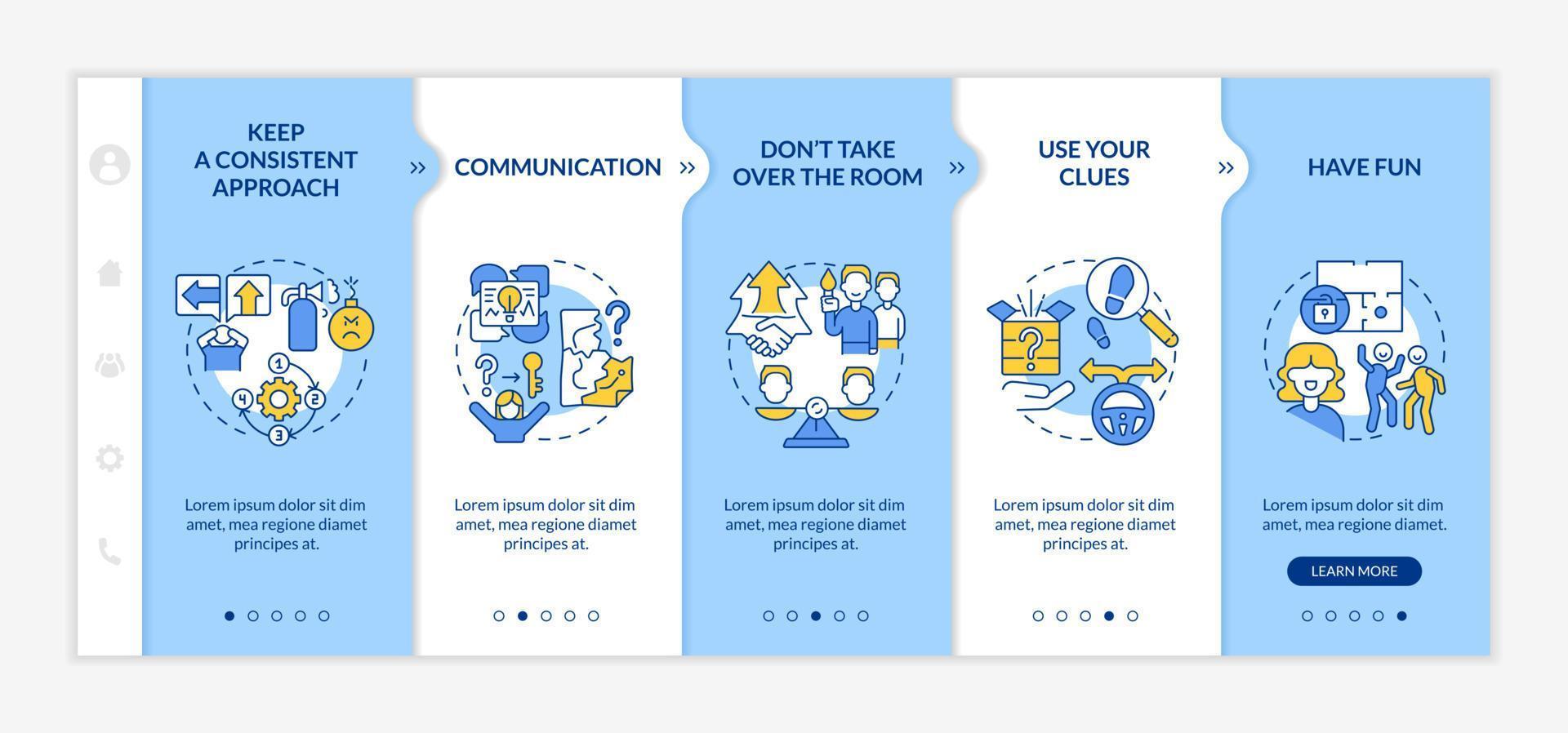 Escape room winning approaches blue and white onboarding template. Use clues. Responsive mobile website with linear concept icons. Web page walkthrough 5 step screens. Lato-Bold, Regular fonts used vector