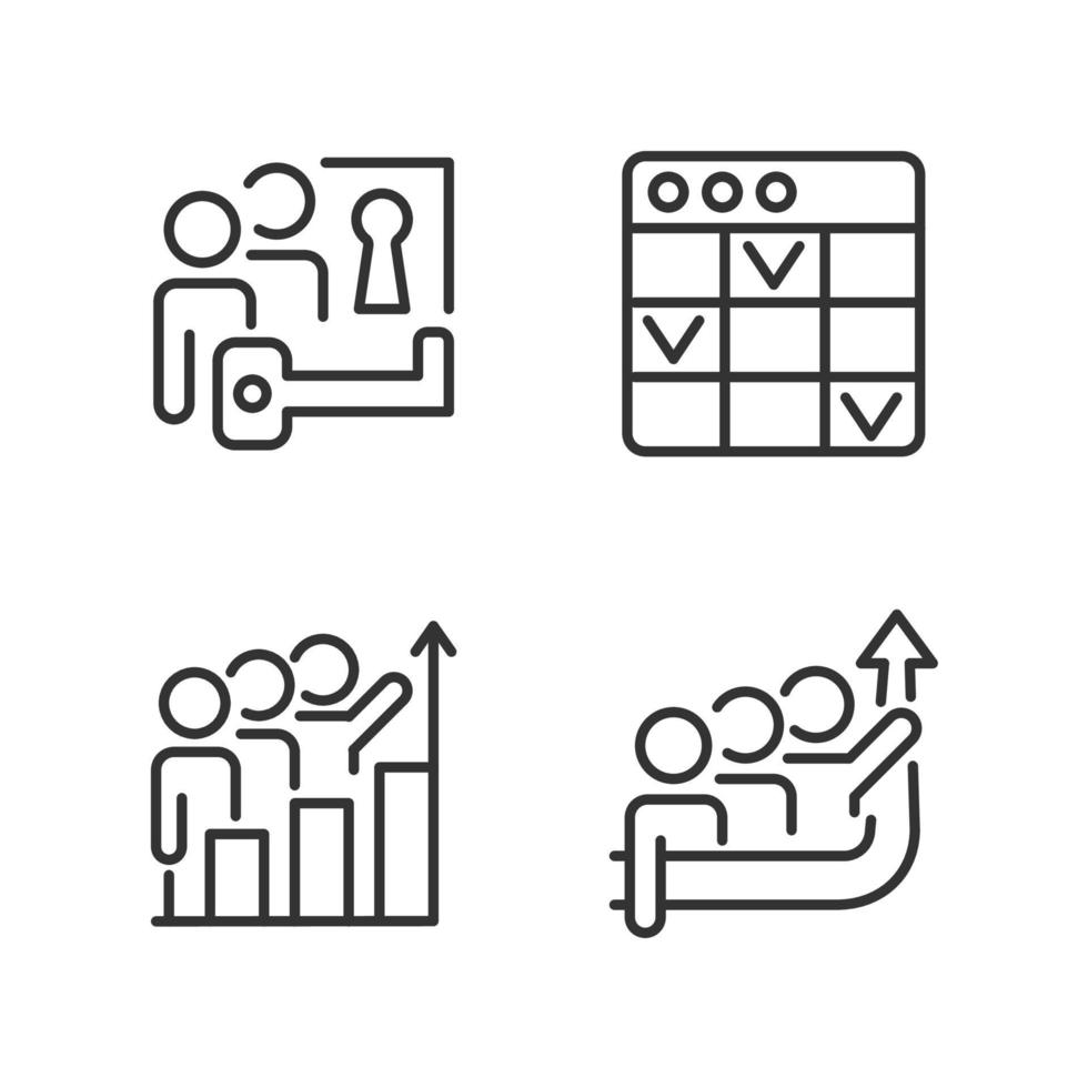 conjunto de iconos lineales perfectos de píxeles de proyecto de equipo. resolución de problemas software de gestión de tareas. meta común. símbolos de línea fina personalizables. ilustraciones aisladas de contorno vectorial. trazo editable vector