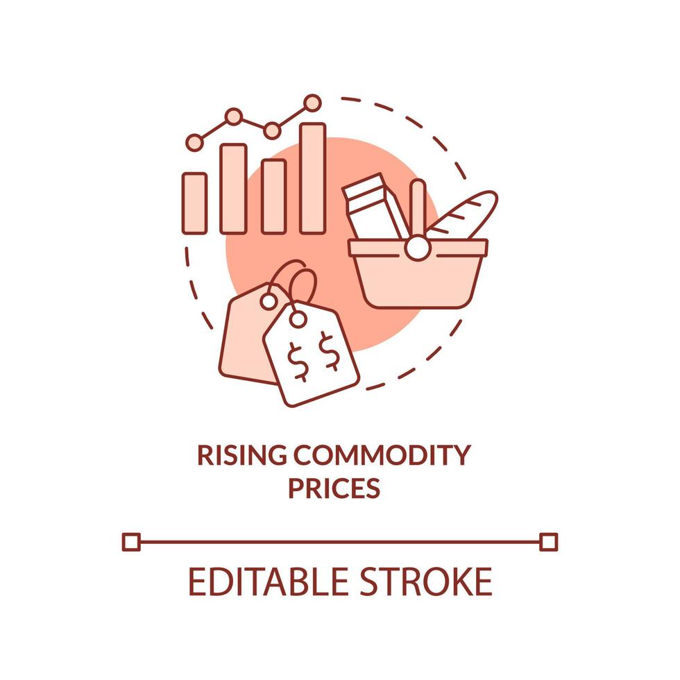 Rising commodity prices red concept icon. Primary product. Market economy cons abstract idea thin line illustration. Isolated outline drawing. Editable stroke. Arial, Myriad Pro-Bold fonts used vector