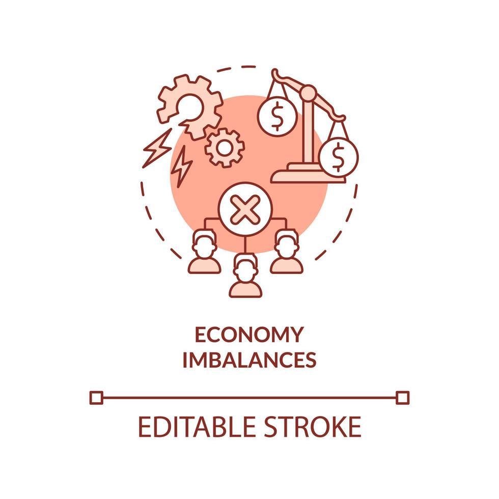 Economy imbalances red concept icon. Financial crisis. Market economy cons abstract idea thin line illustration. Isolated outline drawing. Editable stroke. Arial, Myriad Pro-Bold fonts used vector