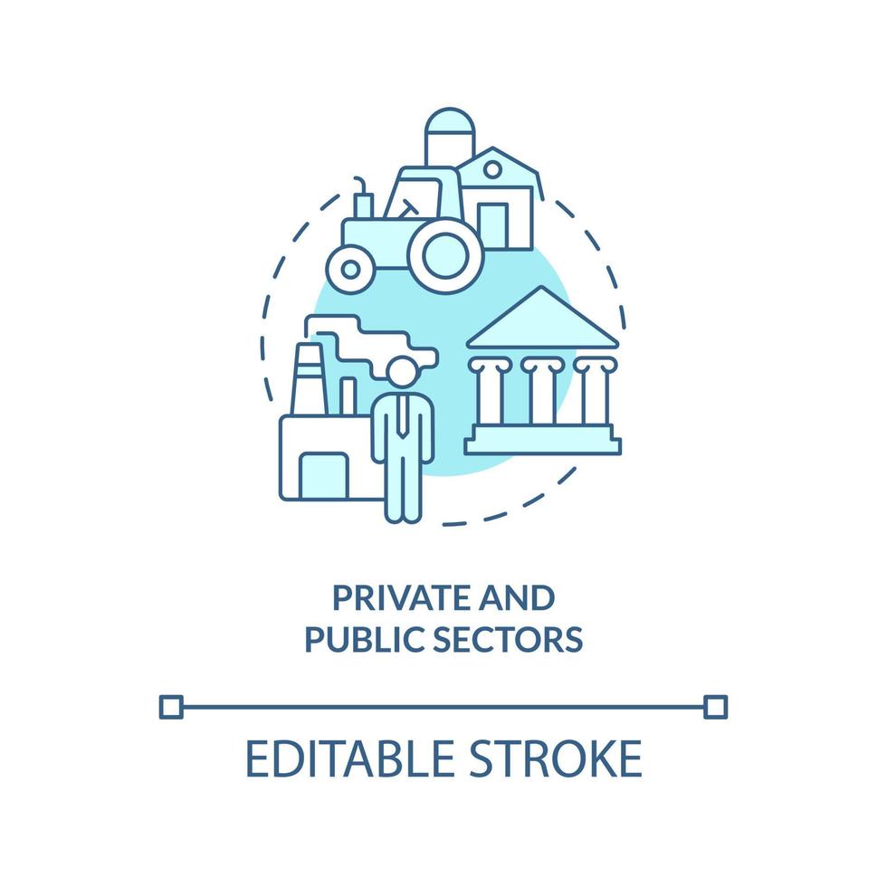 Private and public sectors turquoise concept icon. State intervention. Mixed economy abstract idea thin line illustration. Isolated outline drawing. Editable stroke. Arial, Myriad Pro-Bold fonts used vector