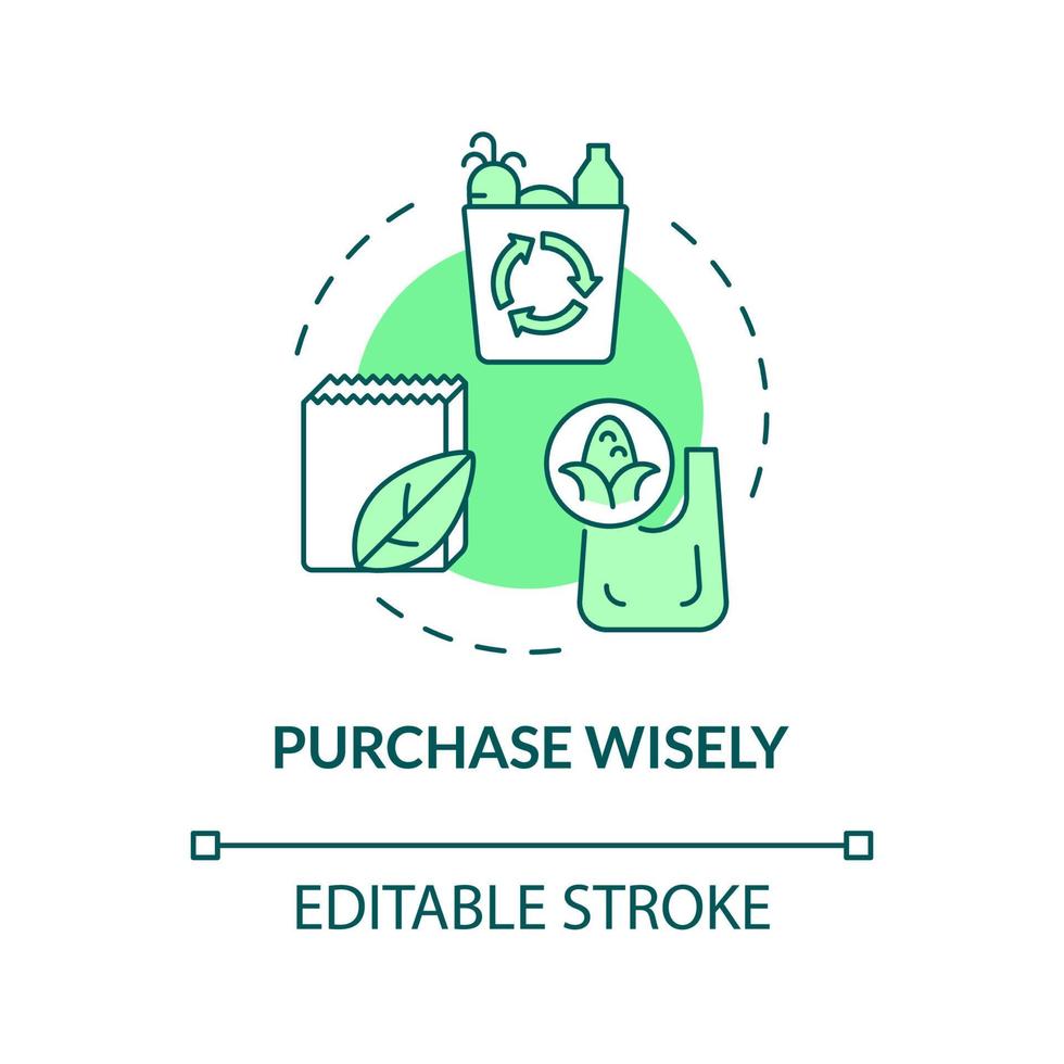 Purchase wisely green concept icon. Buy disposable bags. Minimize waste abstract idea thin line illustration. Isolated outline drawing. Editable stroke. Roboto-Medium, Myriad Pro-Bold fonts used vector