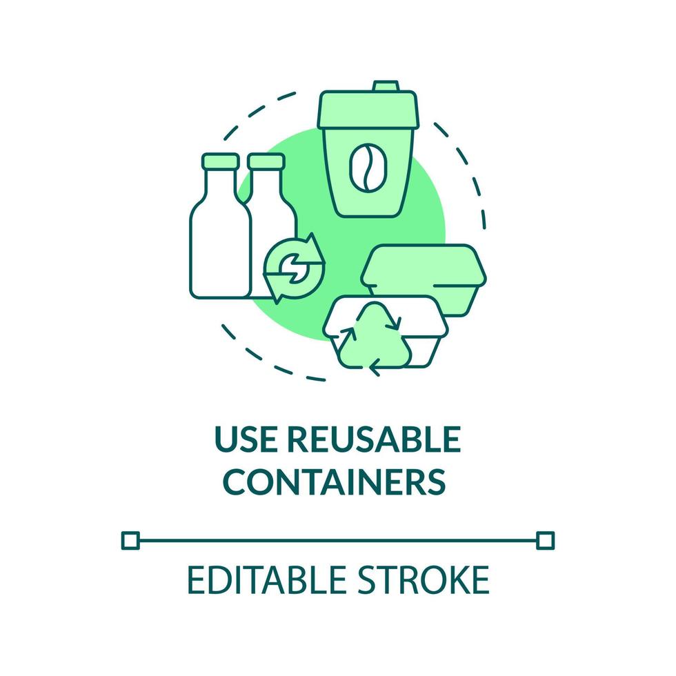 Use reusable containers green concept icon. Bottles and cups. Minimize waste abstract idea thin line illustration. Isolated outline drawing. Editable stroke. Roboto-Medium, Myriad Pro-Bold fonts used vector