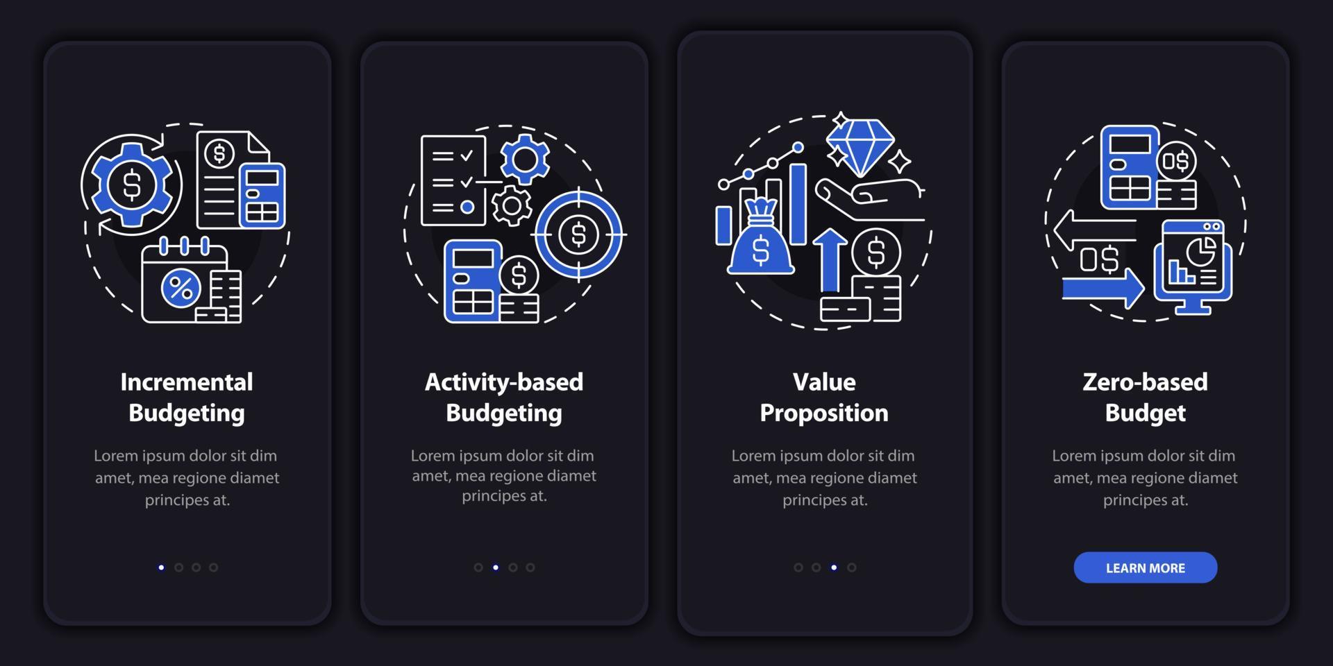 Budgeting types night mode onboarding mobile app screen. Plan approach walkthrough 4 steps graphic instructions pages with linear concepts. UI, UX, GUI template. Myriad Pro-Bold, Regular fonts used vector