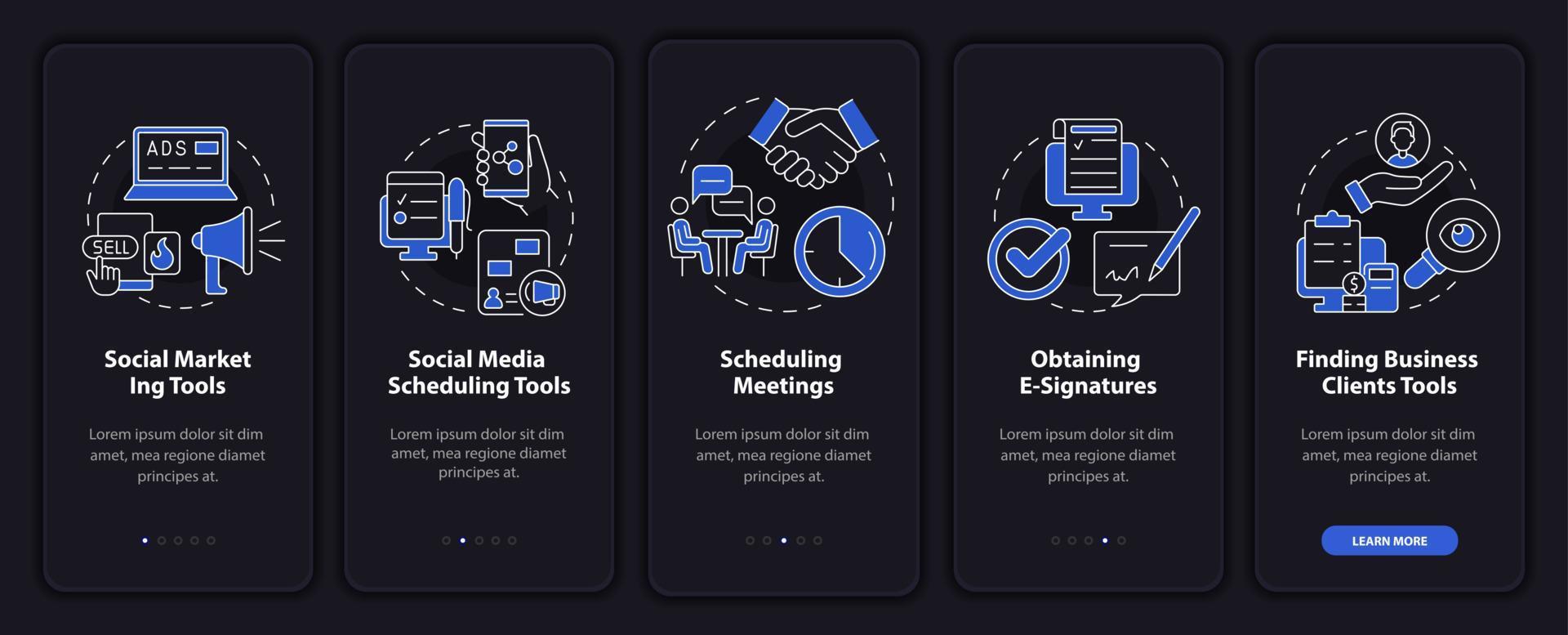 Marketing tools types night mode onboarding mobile app screen. Walkthrough 5 steps graphic instructions pages with linear concepts. UI, UX, GUI template. Myriad Pro-Bold, Regular fonts used vector