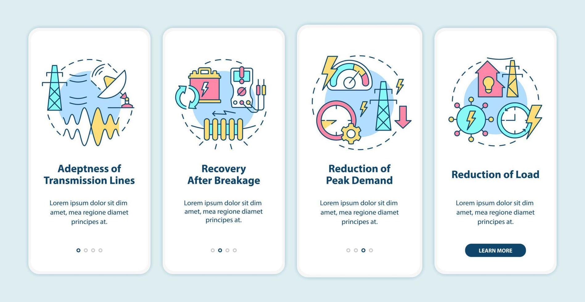 Applications of smart grid onboarding mobile app screen. Electric power walkthrough 4 steps graphic instructions pages with linear concepts. UI, UX, GUI template. Myriad Pro-Bold, Regular fonts used vector