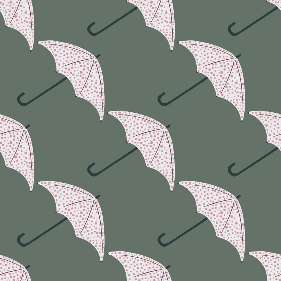 Diagonal season seamless pattern with umbrella silhouettes. Simple fall ornament in grey tones on green background. vector