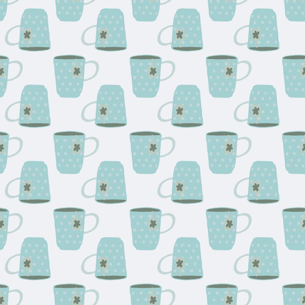 Isolated light blue tea cups doodle seamless pattern. White background. Simple kitchen style artwork. vector