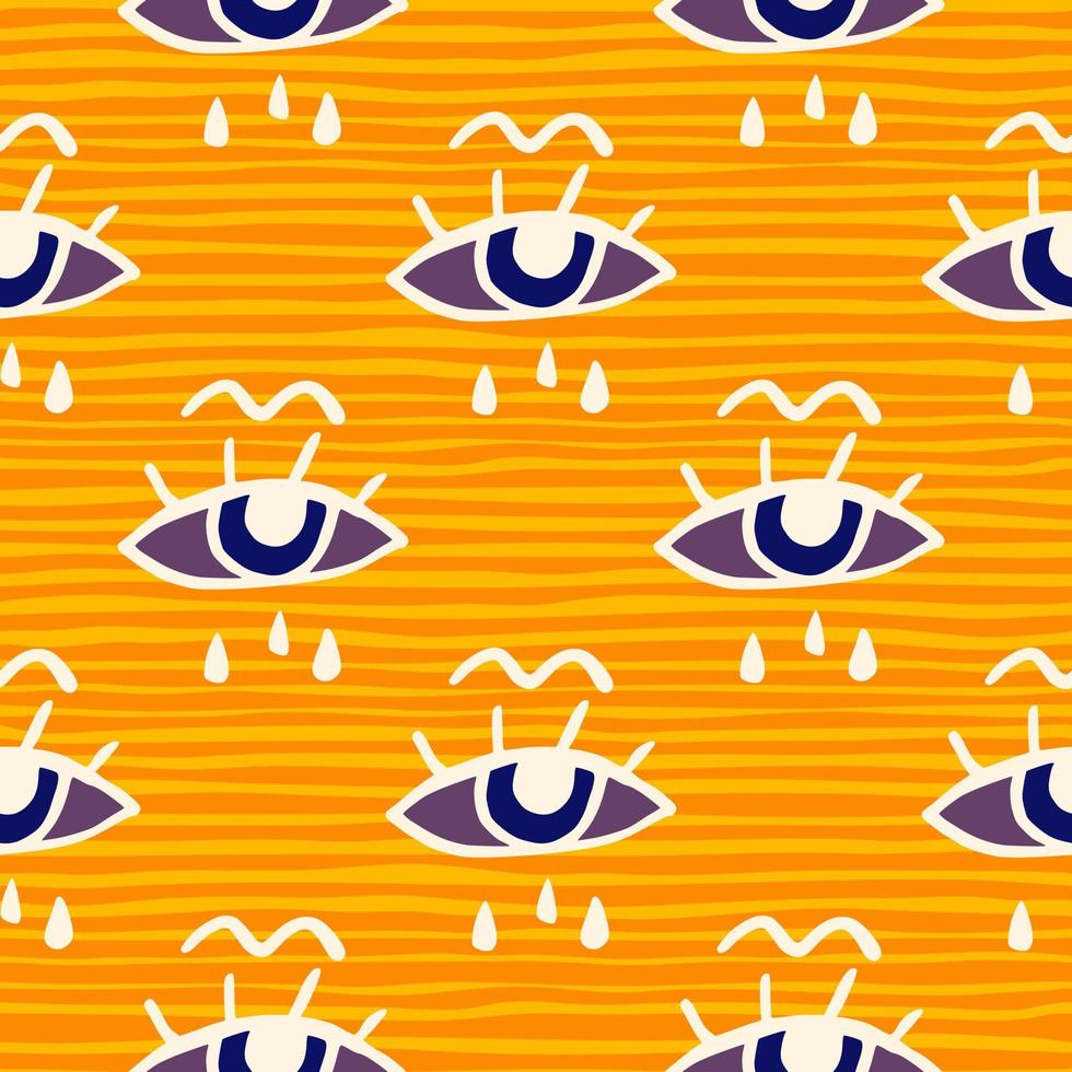 Eye and tears seamless doodle pattern. Yellow and orange stripped background. White contoured elements. vector